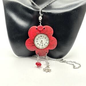Vintage Silver & Red Floral Watch Pendant